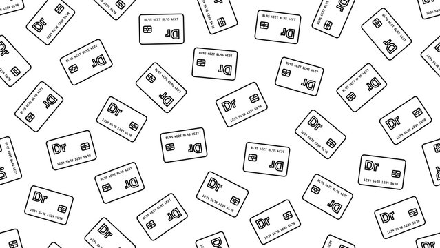 Seamless pattern featuring outlined debit card icons with "Dr" symbols on a transparent background. Business pattern for financial concepts and banking visuals. Seamless pattern vector illustration.