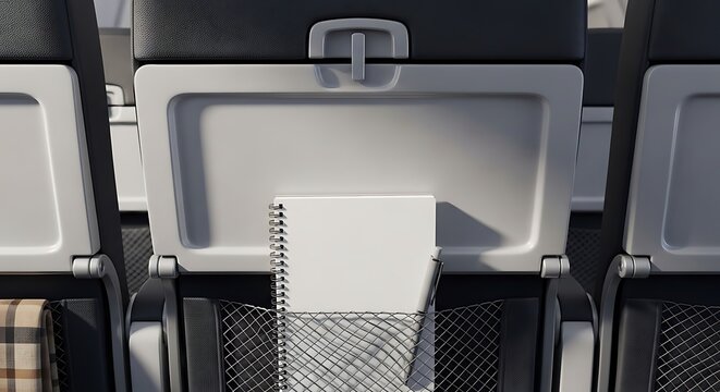 A view of an airplane seat pocket containing a blank notebook and pen for travel planning, work, or productivity during a flight in an aircraft cabin