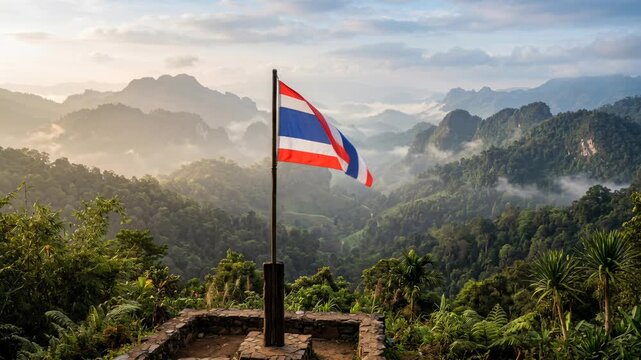 Waving Thailand National Flag over Scenic Landmark View Travel Footage