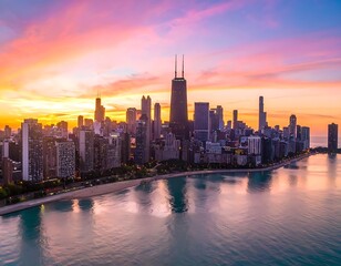 Obraz premium Aerial view of a city skyline at sunset. Skyscrapers tower over calm water reflecting the colorful sky. A beach can be seen