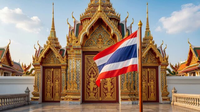 Thailand Flag over Historic Palace Architecture Travel Video Footage