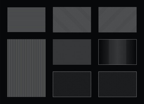 Set of white minimalist hatch patterns and geometric line textures on black background.