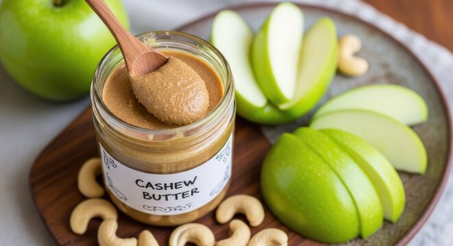 A wooden spoon scoops cashew butter from a jar. Green apples and cashews surround the jar on a rustic wooden plate.