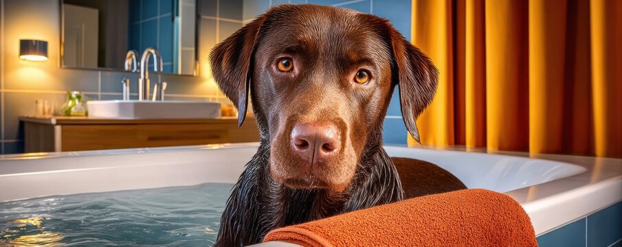 Wet chocolate Labrador sitting in a bathtub after muddy play, looking at camera with towel