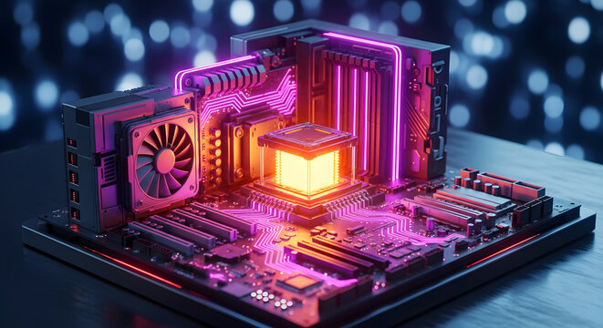 Futuristic computer motherboard with glowing neon processor and cooling fan