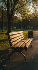 Fototapeta premium An empty wooden bench sits in a park, bathed in warm afternoon sunlight, offering a peaceful place for rest and contemplation ,seating ,park ,natural
