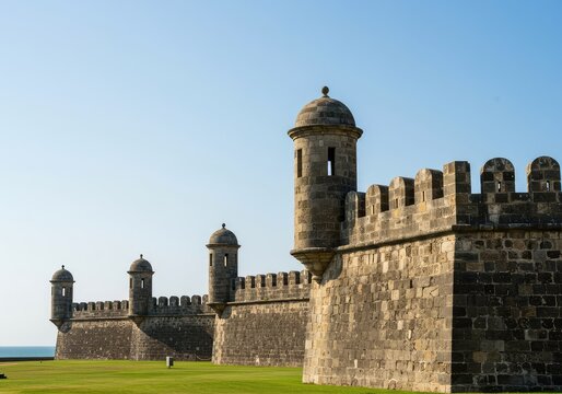 Ancient weathered stone fortifications featuring impressive defensive castellated architecture and tall lookout towers against a bright sky ,classic ,castle ,security
