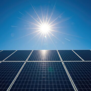 Array of photovoltaic panels installed outdoors, capturing intense sunlight to convert into clean, sustainable electrical power for the future ,resource ,innovation ,modern