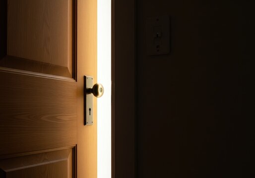 Bright light shines through an interior wooden door that is slightly ajar, symbolizing new opportunities, access, and positive transitions ,exit ,design ,passage