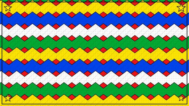 A vibrant geometric pattern featuring zigzag lines in multiple colors arranged in horizontal stripes