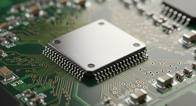 Close up of a silver microchip on a green printed circuit board with electronic components hardware engineering and technology concept