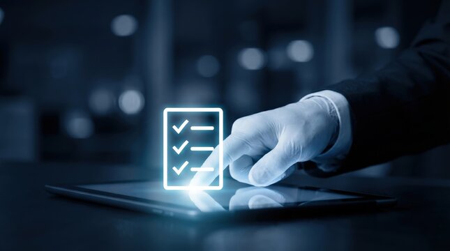 Businessman using glowing checklist icon on tablet for task management
