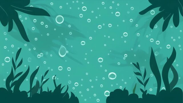 青緑の水中庭園で微細な気泡と水草の影が漂いながら縁を描く静寂のループアニメーション背景
