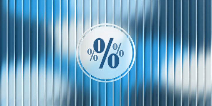 Abstract financial background with blue glossy glass texture and central percentage symbol for economy, discount and banking concept