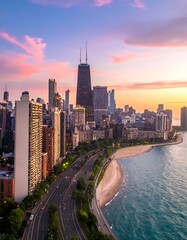 Fototapeta premium Aerial view of a city skyline at sunset, with tall buildings, a coastal road, a beach, and a lake under colorful skies