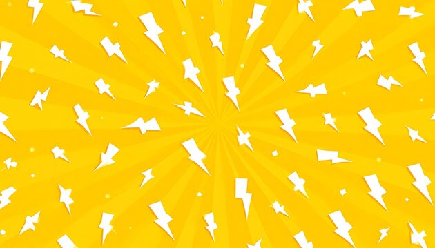 A vibrant yellow background with radial rays emanating from the center. White lightning bolts of varying sizes are scattered throughout