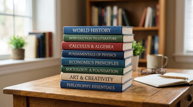 Stack of Interdisciplinary Liberal Arts Textbooks, Comprehensive Education Materials on Wooden Desk