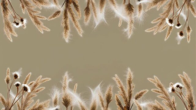 風に揺れる乾いた草花と綿毛が余白を囲む淡生成りの自然背景
