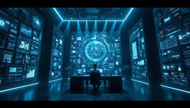 Futuristic Control Room with Digital Screens and Data Interface