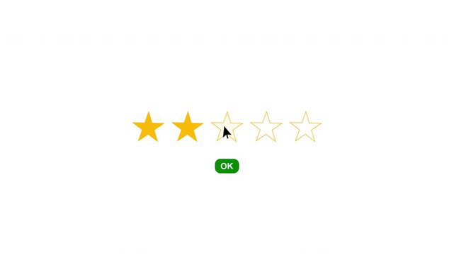 Clean modern motion graphic featuring an interactive five star rating interface with cursor click and green OK button on a light background