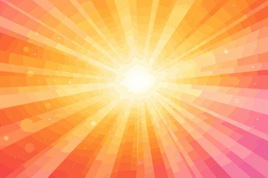 Abstract Vibrant Sunburst Background with Bright Radial Rays and Sparkling Bokeh Effects in Warm Orange, Yellow, and Pink Gradient, Ideal for Summer Posters, Banners, and Creative Graphic Designs.