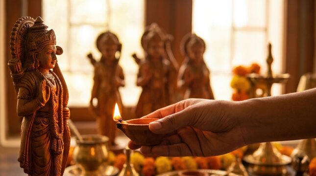 Hand holding a lit diya lamp for Hindu puja ritual at home altar with Lord Rama statues