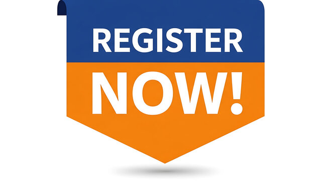 A bold blue and orange graphic banner featuring white text that says register now clearly