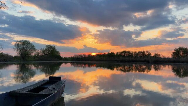 A crane flies over a small lake, with a beautiful sunset and dramatic sky in the background