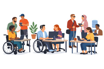 Fototapeta premium Inclusive Office Environment with Diverse Employees and People with Disabilities Working Together. Professionals in Wheelchairs, with Prosthetics, and Visual Impairments Collaborating at Work.