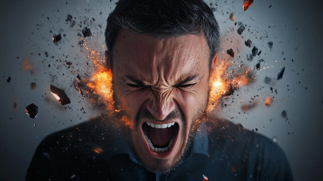 Aggressive man screaming in fury with fire sparks background, concept of emotional burnout, stress and mental crisis.