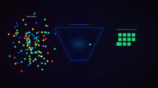 Colorful data points representing raw information transforming into structured outputs using AI
