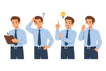 Obraz premium Four-Pose Office Worker Character Illustration Pack — Taking Clipboard Notes, Puzzled with Question Mark, Eureka Lightbulb Moment, and Coffee Break in Formal Shirt and Tie Corporate Attire