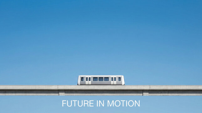 Tren moderno peque&ntilde;o en composici&oacute;n minimalista con fondo blanco o cielo limpio, mucho espacio negativo, estilo publicitario.