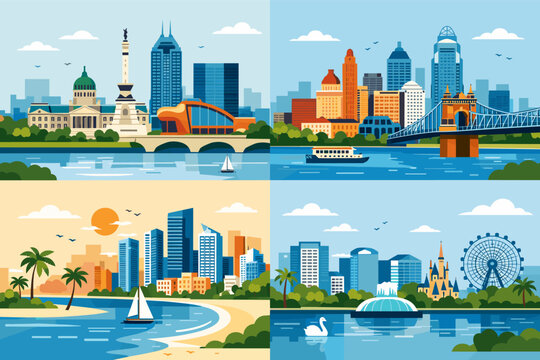 Travel Vector Set of USA City Skylines Featuring Indianapolis, Cincinnati, Miami, and Orlando Landmarks with Detailed Architecture, Skyscrapers, Waterfronts, and Iconic Tourist Attractions Design
