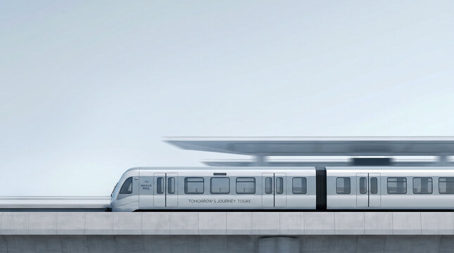 Tren moderno peque&ntilde;o en composici&oacute;n minimalista con fondo blanco o cielo limpio, mucho espacio negativo, estilo publicitario.