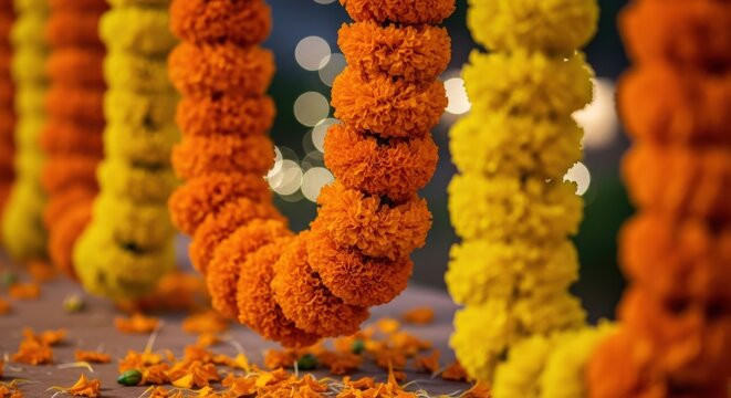 Traditional Diwali home decoration with orange and yellow marigold flower garlands and bokeh lights