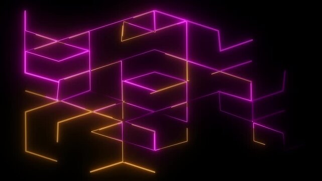 Grid lines glowing in purple and orange neon colors form an intricate structural matrix against a black backdrop to visualize abstract data connections or complex technological systems for modern.