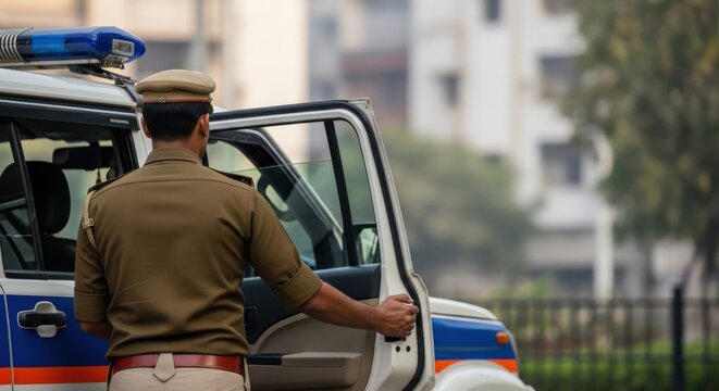 Adult Indian male police officer in khaki uniform standing by patrol vehicle in city