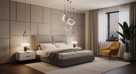 Fototapeta premium Luxurious modern bedroom interior with textured wall elegant furniture and warm lighting design