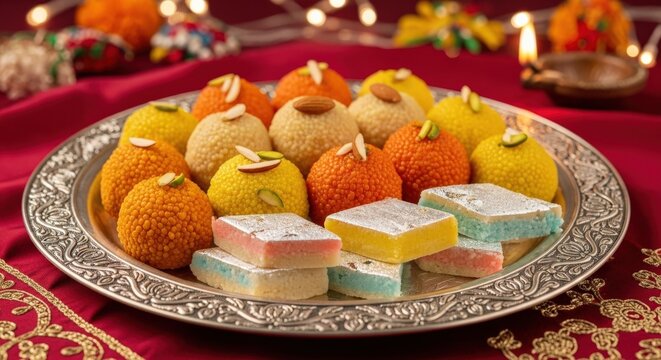 Artisanal Indian sweets platter with assorted ladoo and barfi for traditional Diwali festival celebration