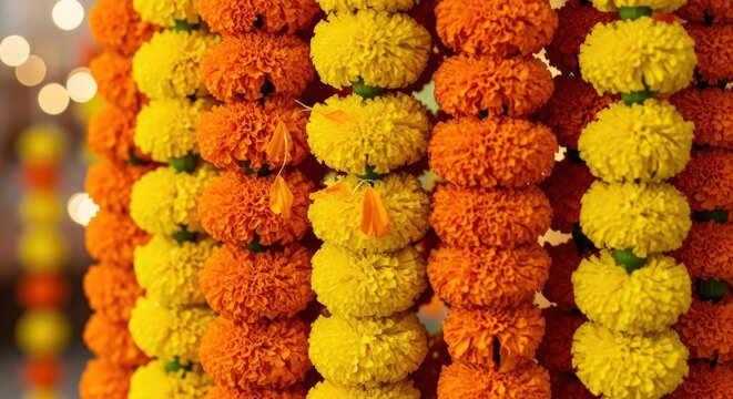 Traditional Indian Wedding Floral Backdrop with Orange and Yellow Marigold Garlands