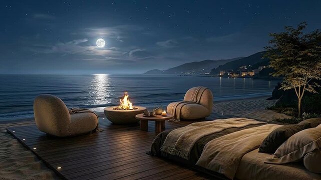 Dreamy Seaside Escape Outdoor Luxury Bed with Fire Pit  Moonlit Ocean View.