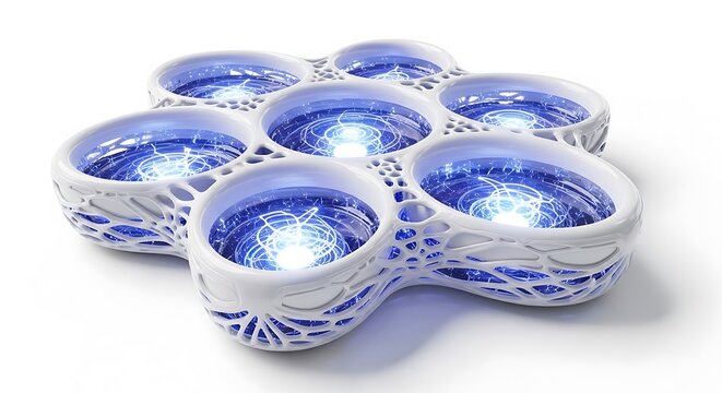 A glowing blue and white fidget spinner with intricate design isolated on white background