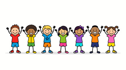 Fototapeta premium A Diverse Group of Cheerful Cartoon Children with Arms Raised