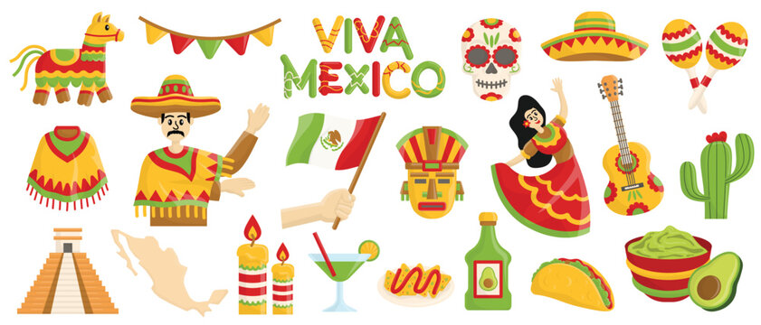 Mexico culture clipart set with traditional symbols food and fiesta elements