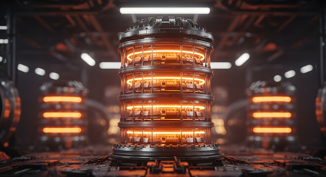 Futuristic cylindrical energy core or reactor chamber with glowing orange rings in a dark industrial scifi laboratory setting