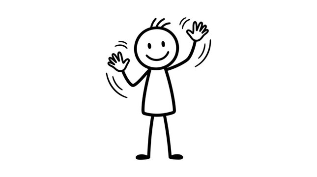 Cartoon stick figure waving hello with a smile on its face