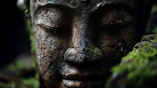 A pristine commercial stock photo of an extreme close-up of an ancient stone Buddha face emerging from thick morning fog. Eyes downcast, serene half-smile. Moss on the stone surfac