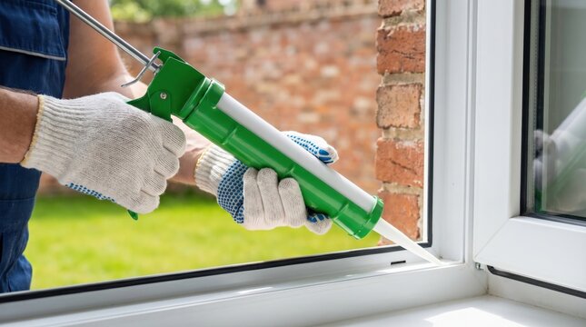 Male handyman applying silicone sealant to window frame for home weatherization and insulation.