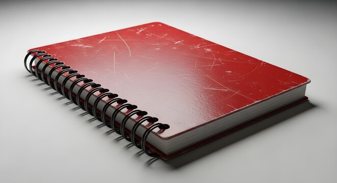 Red spiral notebook with worn cover and black wire binding on grey background